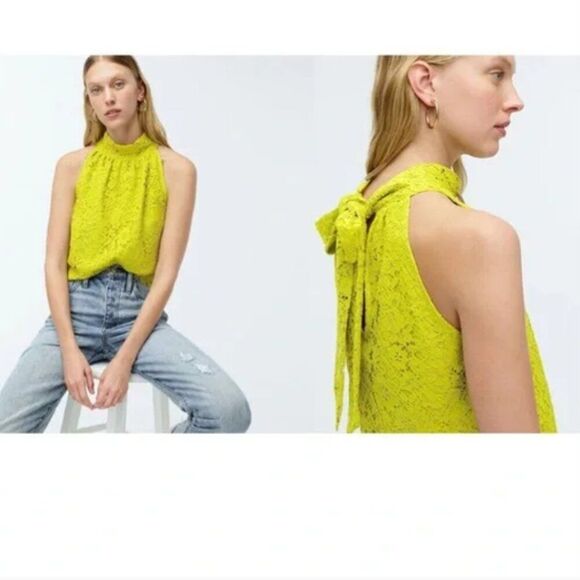 J‎ Crew Tie Neck Sleeveless Lace Top Chartreuse Scalloped Eyelash Hem Size M NEW - Picture 1 of 9